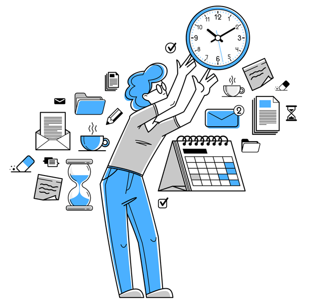 infographic cartoon with busy person looking at clock
